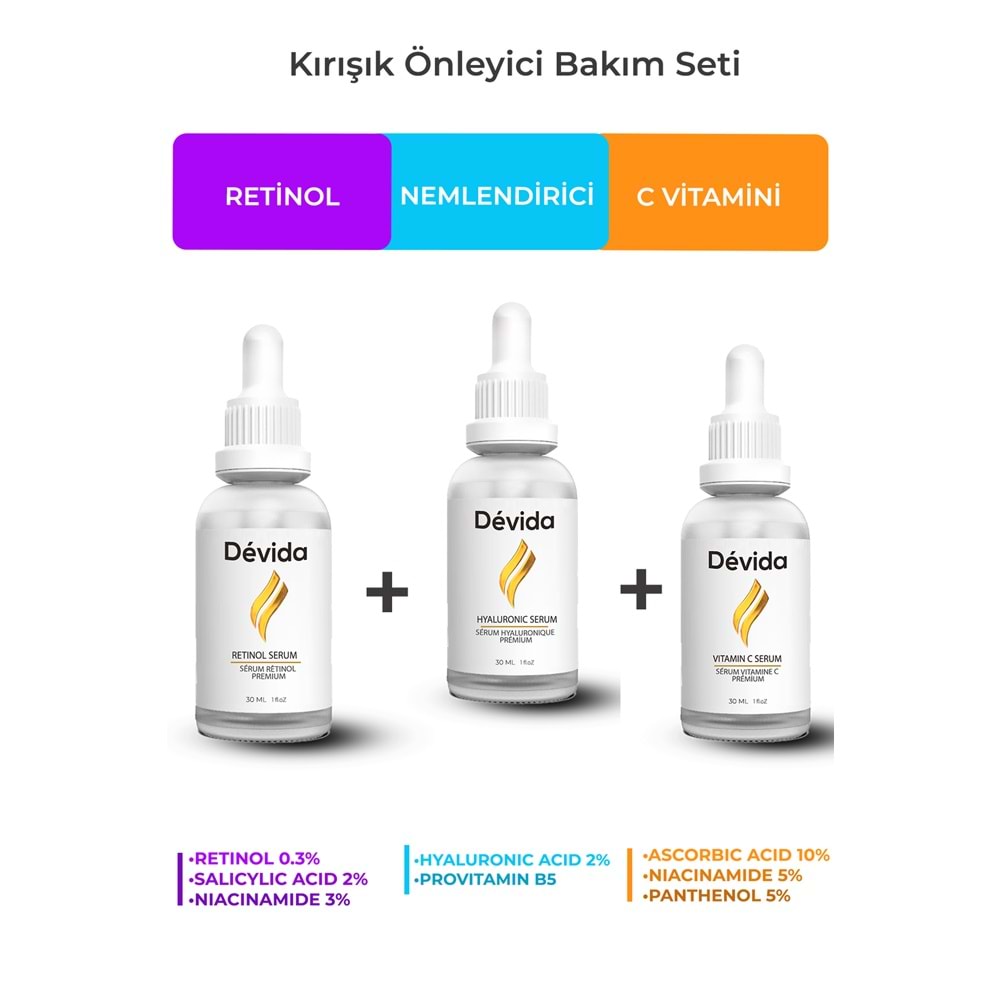 Retinol+Nemlendirici+C Vitamini Serum 3 lü Set Kırışıklık Alın Çizgisi Göz Çevresi