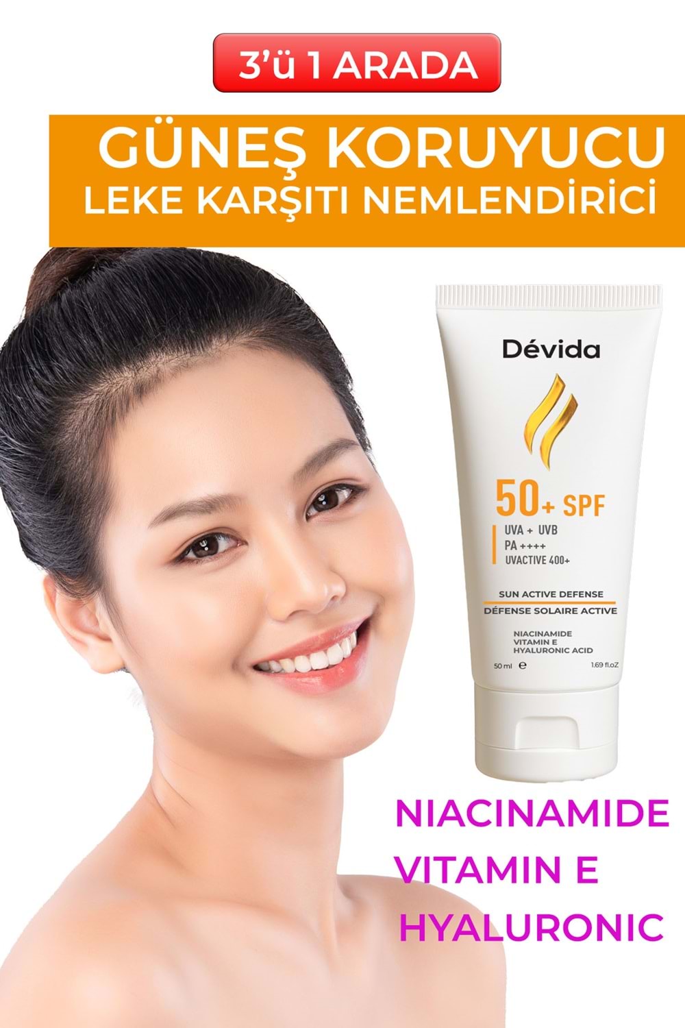 Yüz ve Vücut Güneş Kremi Leke Karşıtı Yağsız Hafif SPF 50 UVA UVB Günlük Kullanım UVActive 400