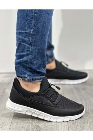 Erkek Bağcıklı Fileli Spor Ayakkabı Sneaker Siyah-beyaz