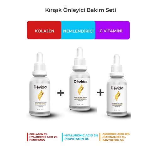 Kolajen + Nemlendirici + C Vitamini Serum 3 lü Set Kırışıklık Alın Çizgisi Göz Çevresi