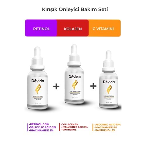 Retinol + Kolajen + C Vitamini Serum 3 lü Set Kırışıklık Alın Çizgisi Göz Çevresi