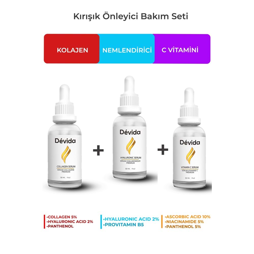 Kolajen + Nemlendirici + C Vitamini Serum 3 lü Set Kırışıklık Alın Çizgisi Göz Çevresi