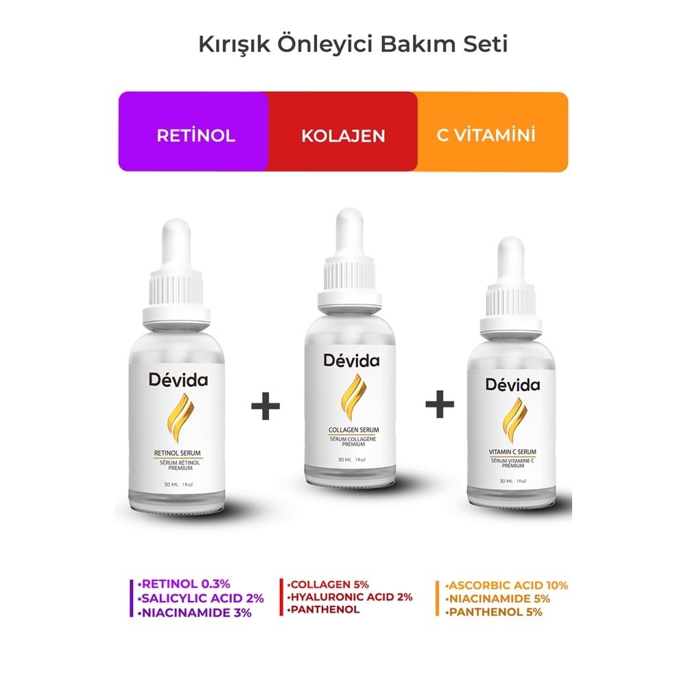 Retinol + Kolajen + C Vitamini Serum 3 lü Set Kırışıklık Alın Çizgisi Göz Çevresi